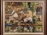 an image of a painting of a village with a horse drawn carriage