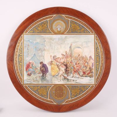 une image représentant une assiette sur laquelle est peinte une scène représentant un groupe de personnes