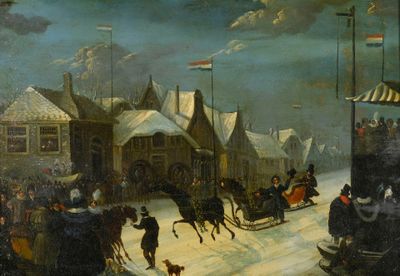 a painting of a horse drawn carriage on a snowy street
