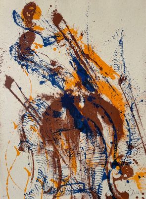 an image of a painting of a man riding a horse with paint splatters all over it