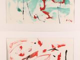 two paintings of red and green paint on a white wall