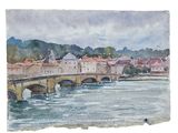 a watercolor painting of a bridge over a body of water