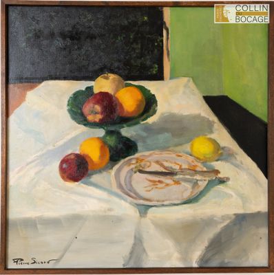 une peinture représentant une assiette de fruits posée sur une table