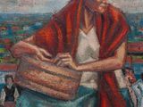 une peinture à l'huile représentant une femme portant un panier rempli de provisions
