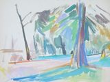 un tableau représentant un parc avec un banc et des arbres