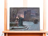 un tableau posé sur un chevalet représentant une femme dans la neige
