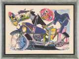 painting of a man riding a motorcycle with a dog on the back of it
