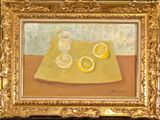 a painting of lemons and a glass on a table