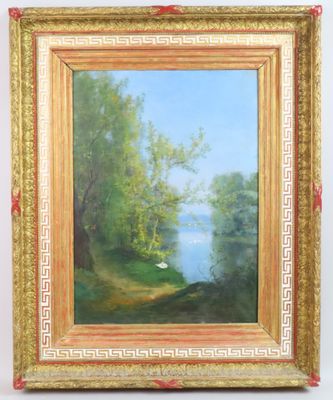 une peinture à l'huile représentant un paysage avec des arbres et un lac