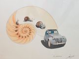 a drawing of a car with a snail and a snail shell on it