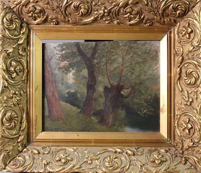 tableau représentant une scène boisée avec des arbres et un ruisseau au premier plan