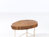 une photo d'une table basse en bois avec des pieds en métal et un plateau en bois