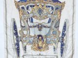 an image of a blue and white scarf with a picture of a woman in a carriage