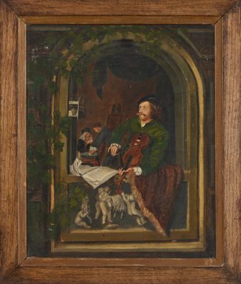 une peinture à l'huile représentant un homme assis sur une chaise avec un chien