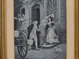 framed black and white drawing of a man and a woman with a dog