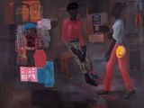 painting of two men walking down a street in front of a store