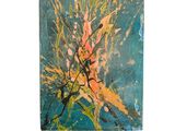 peinture abstraite représentant des fleurs orange et jaunes sur fond bleu