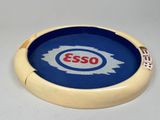 a blue and white ashtray with an esso logo on it