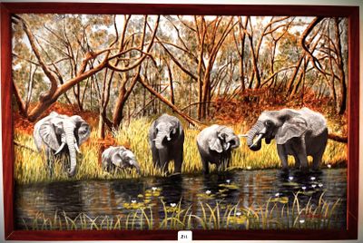 a painting of a family of elephants drinking water