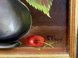 a painting of a black vase with cherries in it