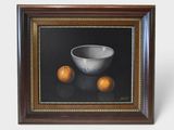 painting of a bowl and two oranges on a black background
