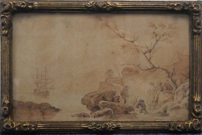 École française XIXe Paysans au bord de mer Plume et lavis d…