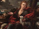 painting of a man sitting on a bench with a lamb in his lap
