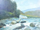 un tableau représentant une rivière parsemée de rochers