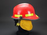 fireman ' s red hard hat with yellow reflective tape around the brim
