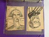 a drawing of a woman with a hat on and a picture of a woman with a cat on her head