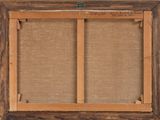 an old wooden frame with a picture hanging on it ' s side