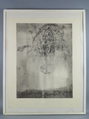 peinture sur le mur d'une salle de bains équipée de toilettes et d'un lavabo