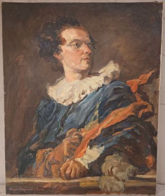 tableau représentant un homme vêtu d'une robe bleue à col blanc