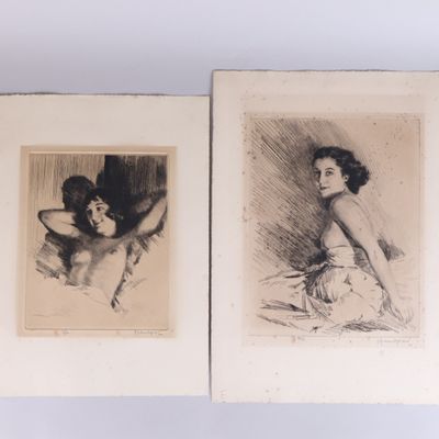two drawings of a woman in a white dress and a man in a black and white photo