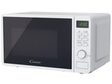 Le micro-ondes est blanc et dispose d'une horloge numérique sur la façade.