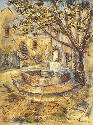 a painting of a fountain in a courtyard with a tree in the background