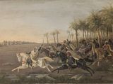 tableau représentant un groupe d'hommes à cheval dans le désert