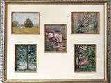painting of a farm scene in a gold frame with a white background