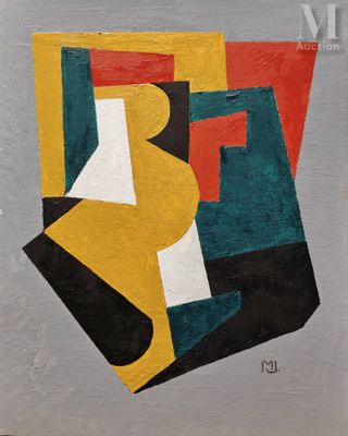 abstract painting of a woman sitting on a chair in front of a gray wall