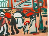 a painting of a group of people walking down the street