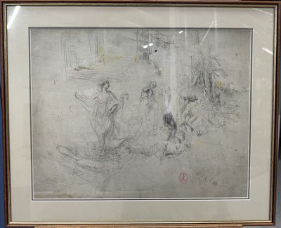 framed drawing of a group of people walking in a field
