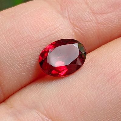 une personne tient une pierre précieuse rouge dans la main, sur un fond vert