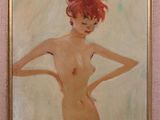 une peinture à l'huile représentant une femme aux cheveux roux, torse nu