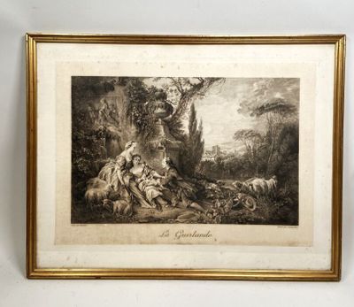 a framed picture of a painting of a man and woman in a wooded setting