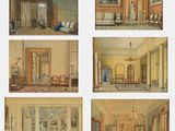 quatre photos d'un dessin représentant un salon avec beaucoup de meubles