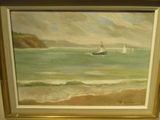 a painting of a boat in the water on the beach