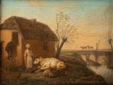 painting of a man standing next to a cow in front of a house