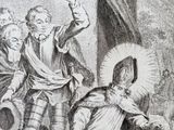 a black and white drawing of a man in a kilt and a woman in a dress