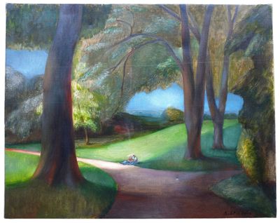 a painting of a person sitting on a bench in a park