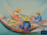 painting of three people in a row boat on a body of water